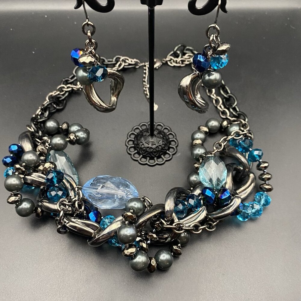 Blue Gunmetal Choker Earring Set Statement Torsade Beads Curb Chain Drop Pierced - Picture 4 of 7
